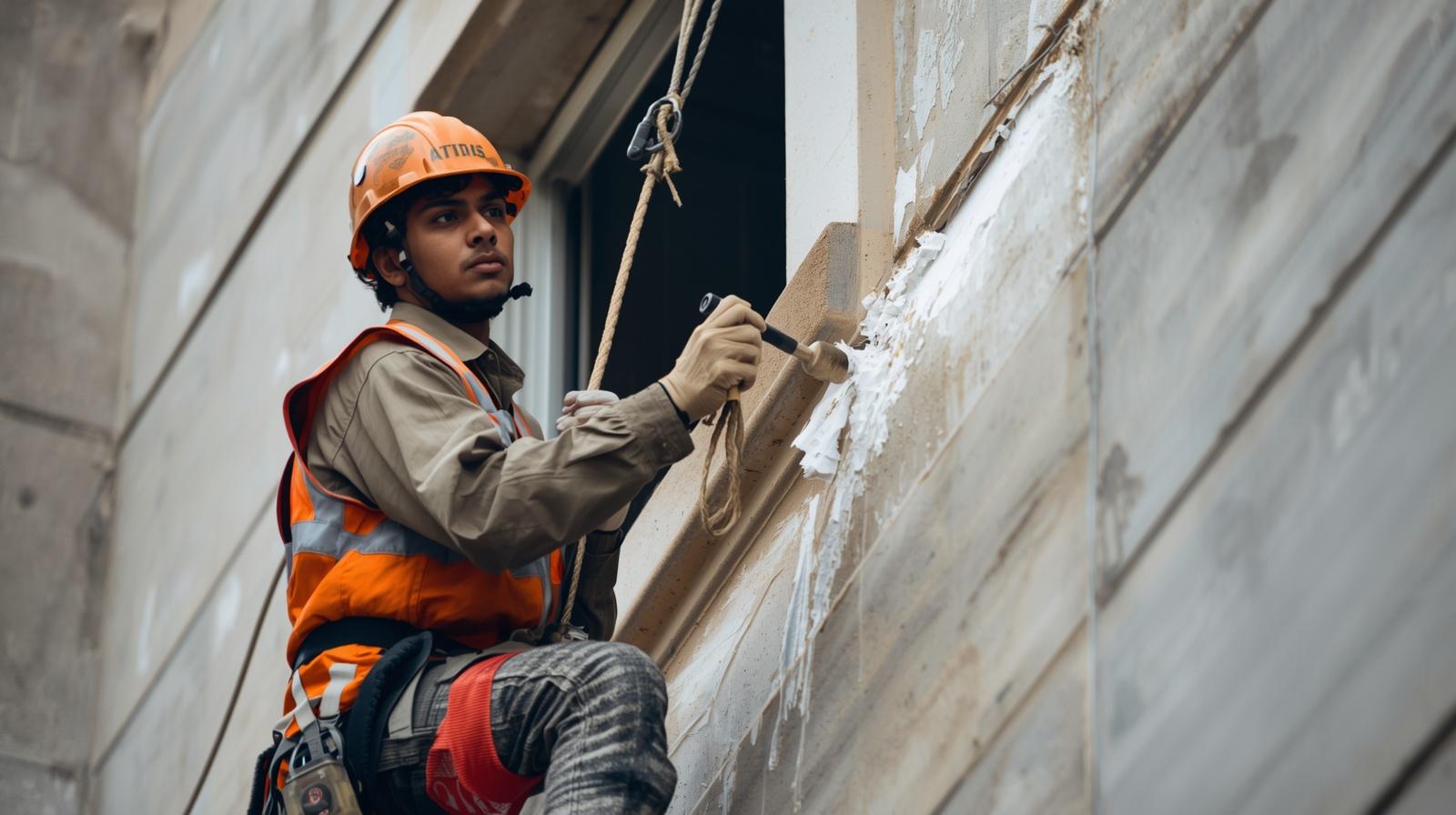 Exterior Waterproofing Solutions inidian worker wokring on buildings outer wall on hanging oon rope indian man face zoom out image